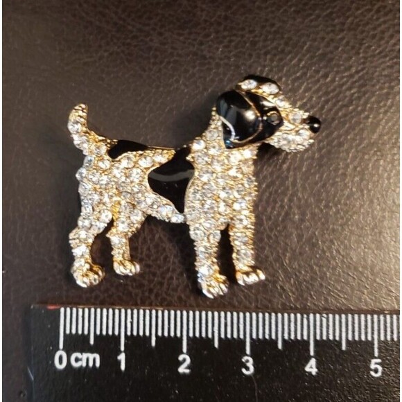 Dog Puppy Brooch Pin Black Enamel Clear Rhinestones - Picture 2 of 4